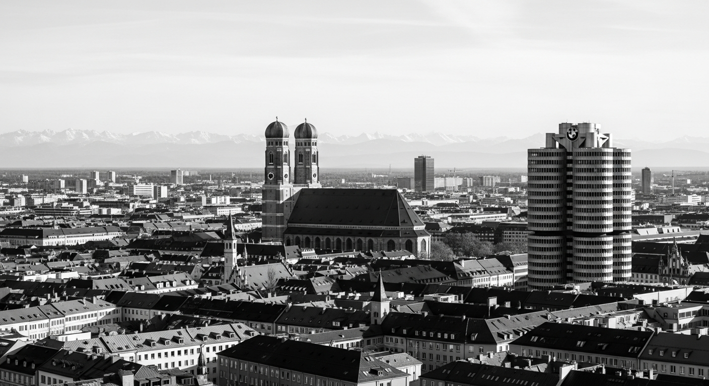 Münchner Skyline mit Frauenkirche und Alpenblick